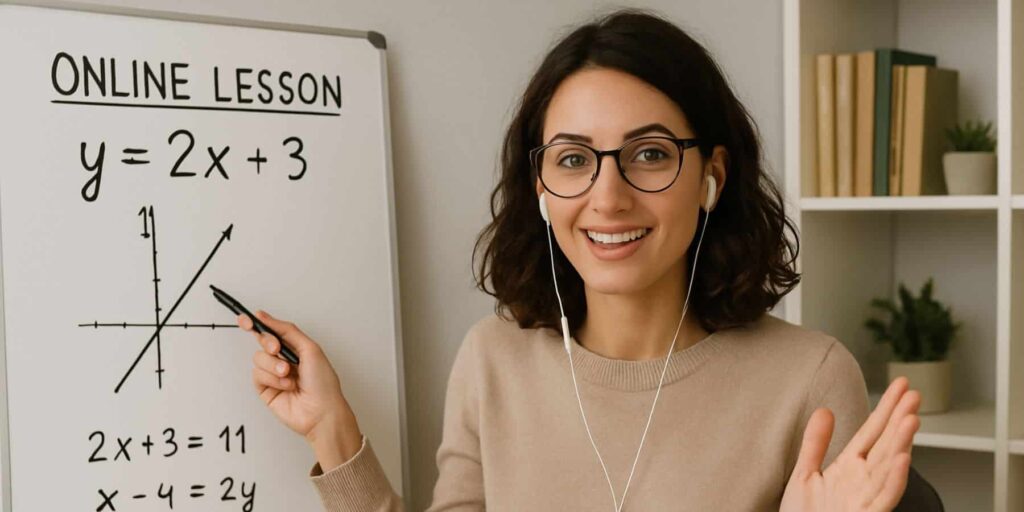 A young woman wearing earphones, writting on white board, tutoring online.